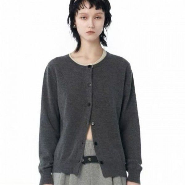 Early autumn new round neck contrasting fake two-piece knitted sweater jacket for women KS030