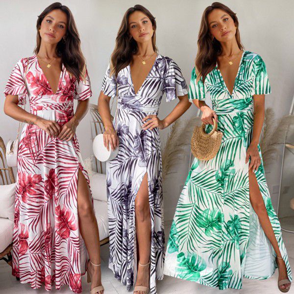 Fashion slim print skirt long short sleeve slit dress spring summer