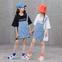 Children's New Girls' Loose T-shirt Summer Korean Version Chinese Big Children's Parent-child Dress Pure Cotton Splice Fake Two Piece Top 