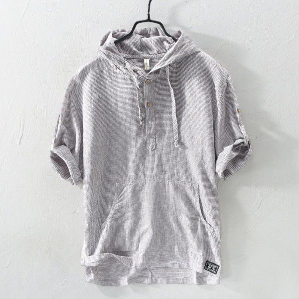 Summer Men's Cotton Linen Stripe Short Sleeve Casual Loose Fit Men's Hooded T-shirt Men's Linen 