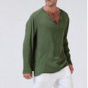 Fashion New Cotton Linen National Style Loose Fit Men's V-neck Solid Long Sleeve T-shirt 