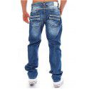 Men's Worn White Pocket Zipper Jeans Fashion Mid Waist Loose Straight Pants 