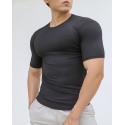 New sports short-sleeved men's summer solid color stripe fitness training casual high stretch fit T-shirt top 