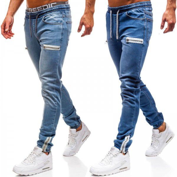 European and American men's denim fabric casual frosted zipper design sports jeans men 