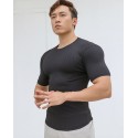 New sports short-sleeved men's summer solid color stripe fitness training casual high stretch fit T-shirt top 