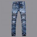 Jeans Men's Light Pleated Slim Fit Straight Zipper Decorative Motorcycle Pants 