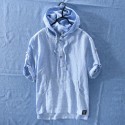 New Summer Japanese Stripe Small Fresh Hooded T-shirt Cotton Hemp Casual Men's Shirt 