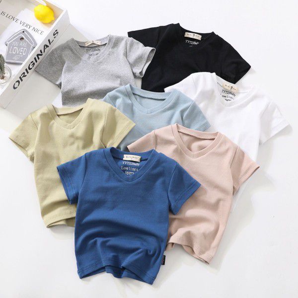 Summer New Children's Short Sleeve V-Neck T-shirt Men's and Women's Small and Middle School Children's Baby Cotton Top Solid Color Bottom Shirt 