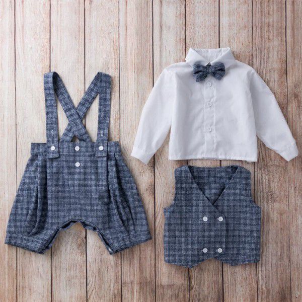 Children's Spring and Autumn Gentlemen's Dress Set Boys' Long Sleeve T-shirt Vest Strap Pants 3PK Set 