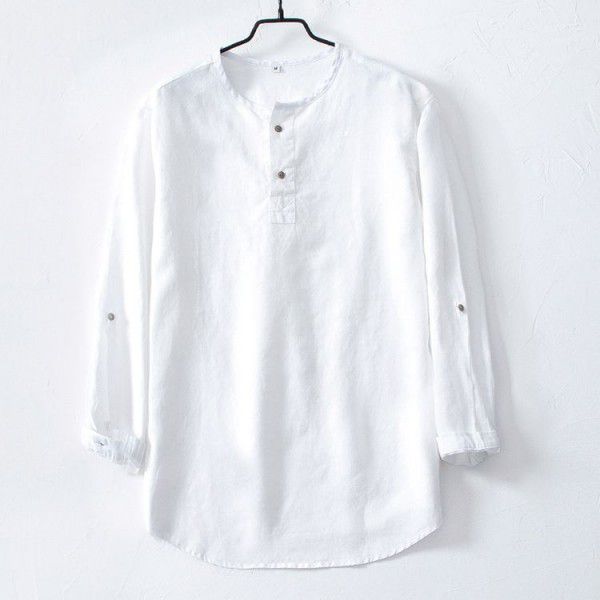 Linen men's T-shirt Loose casual 9/4 long sleeved cotton linen clothes Spring summer vintage shirt top 