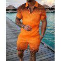 Fashion button polo shirt set Men's casual 3D printed polo shirt shorts 