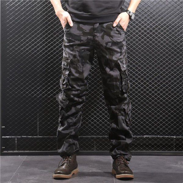 Wear-resistant, loose, straight, multi-pocket men's camouflage overalls long pants 