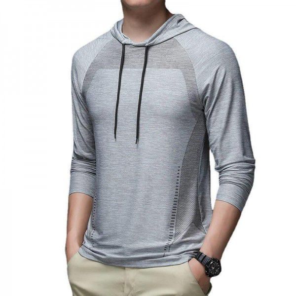 Autumn Men's Ice Silk Quick Dry Hoodie Long Sleeve T-shirt Sports Leisure Outdoor Fitness Running Top 