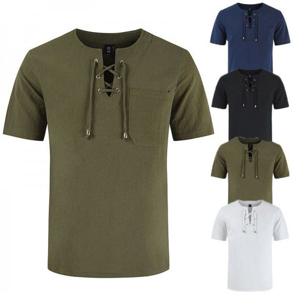 Summer new European and American street men's short-sleeved T-shirt cotton and hemp lace casual fashion T-shirt 