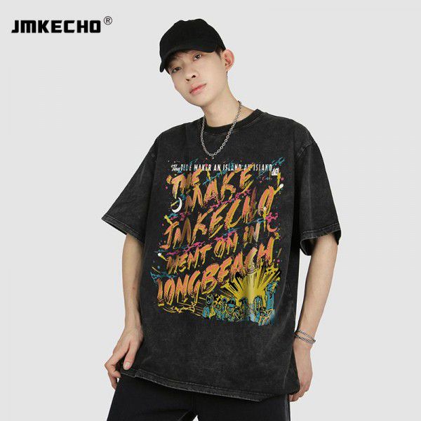 Summer Short Sleeve T-shirt Fashion Brand Design Sense Letter Printing Old Wash Off Shoulder Men 