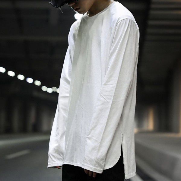 Europe and America High Street Solid Color Side Split Hem Long Sleeve Bottom Shirt Fashion Loose Front Arc Back Flat Men's T-Shirt Top 