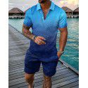 Fashion button polo shirt set Men's casual 3D printed polo shirt shorts 