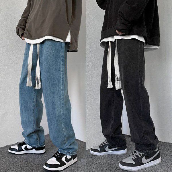 Men's jeans Spring new style drawstring loose straight tube dad pants Men's trend Korean wide leg mop pants 