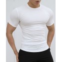 New sports short-sleeved men's summer solid color stripe fitness training casual high stretch fit T-shirt top 