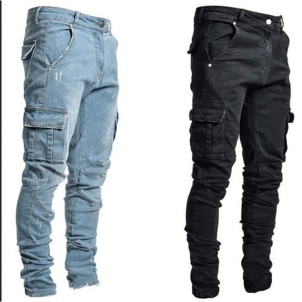 New style jeans Men's side pockets Small leg skinny jeans 