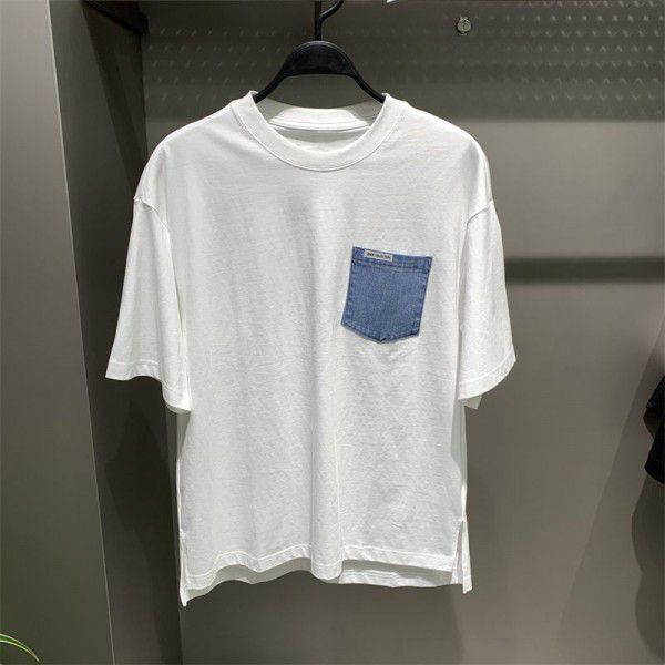 Spring/Summer New Men's Denim Panel Wide White Short Sleeve T-Shirt 