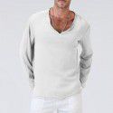 Fashion New Cotton Linen National Style Loose Fit Men's V-neck Solid Long Sleeve T-shirt 