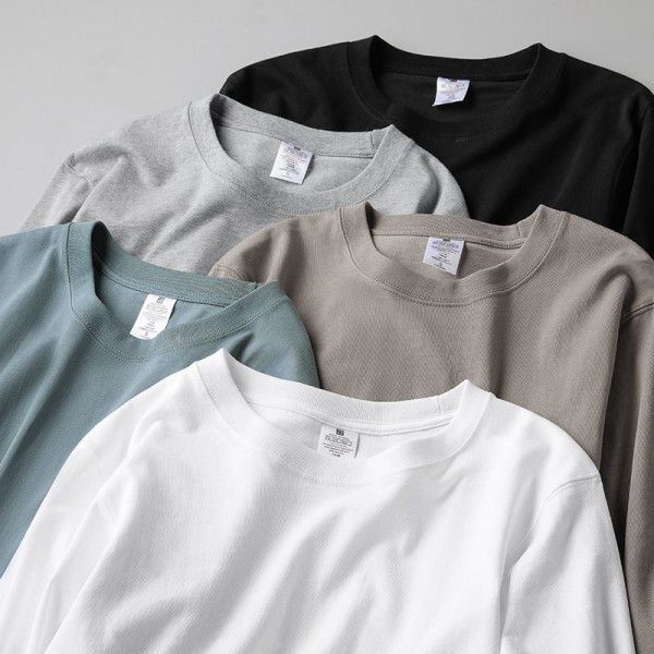 Long Sleeve T-shirt Men's Spring Autumn Sweater Round Neck Loose Solid White Bottom Shirt Men's Top Garment Heavyweight Cotton 