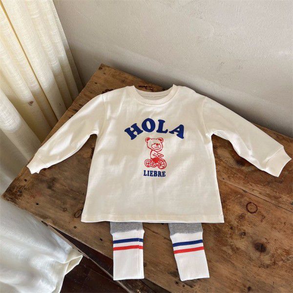 Children's Set Spring New Korean Children's Wear Girls' Cartoon Little Bear Long Sleeve T-shirt Leggings Two Piece Set 