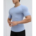 New sports short-sleeved men's summer solid color stripe fitness training casual high stretch fit T-shirt top 