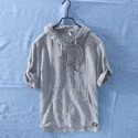 New Summer Japanese Stripe Small Fresh Hooded T-shirt Cotton Hemp Casual Men's Shirt 