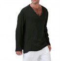 Fashion New Cotton Linen National Style Loose Fit Men's V-neck Solid Long Sleeve T-shirt 