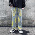 Harajuku style embroidered torn jeans Men's fashion American high street pants Summer loose wide leg mop pants 