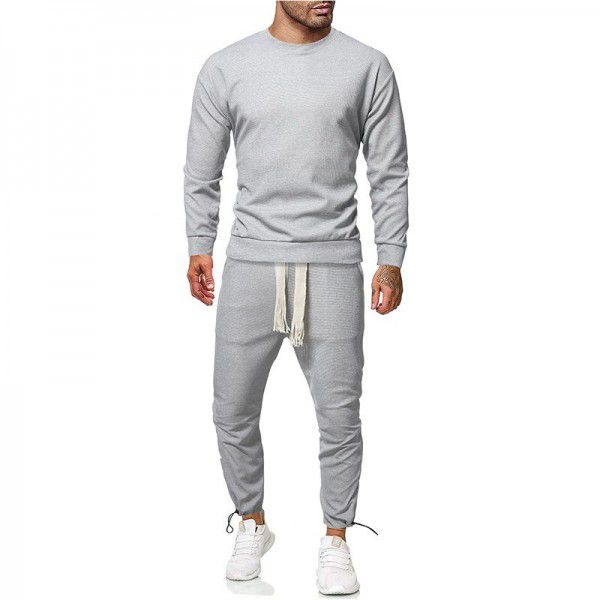 New men's solid color long-sleeved sports sweater suit men's casual round neck two-piece set 