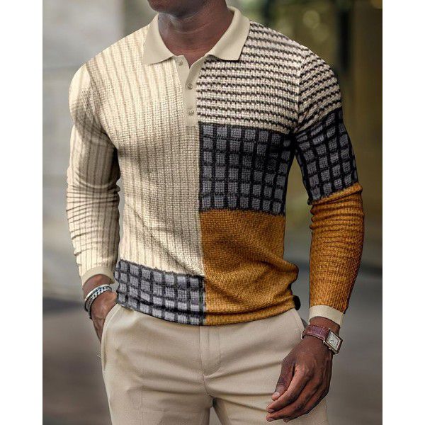 Spring New Men's 3D Printing Casual Vintage Long Sleeve Polo Men's Paul Shirt 