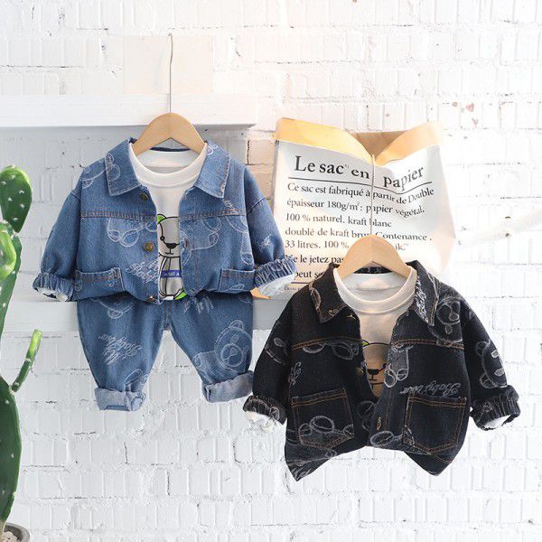 Children's casual T-shirt Children's wear Boys' autumn wear Polo collar Denim jacket set Long sleeve work clothes Fashion children's coat 