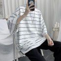 Hong Kong style loose bat shirt stripe 5/3 sleeve unisex couple shirt men's T-shirt short sleeve T-shirt t-shirt 