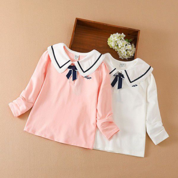 Girls' long-sleeved T-shirt autumn thin children's wear with Korean version of Chinese and large children's lapel bottom shirt Children's top 