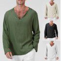 Fashion New Cotton Linen National Style Loose Fit Men's V-neck Solid Long Sleeve T-shirt 