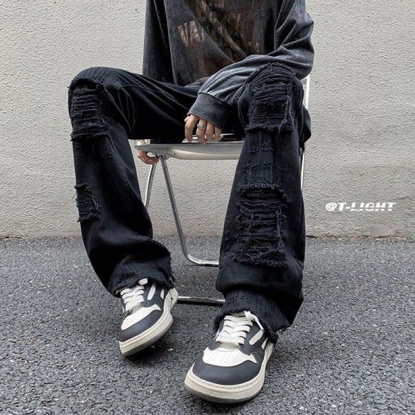 New Men's Jeans Small Retro Fake Broken Youth Straight Leg Pants American Casual Large Pants 