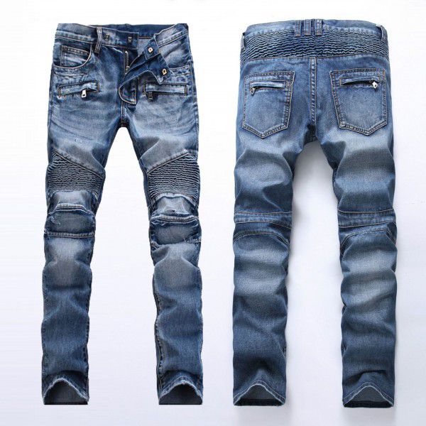 Jeans Men's Light Pleated Slim Fit Straight Zipper Decorative Motorcycle Pants 