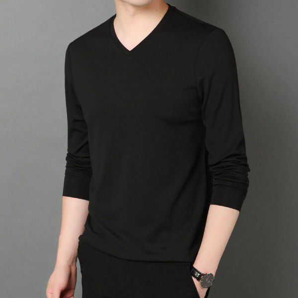 Autumn and Winter V-Neck Men's Long Sleeve Solid Color T-shirt with Silk Youth Fashion Pullover Modal Bottom Shirt 