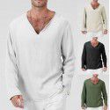 Fashion New Cotton Linen National Style Loose Fit Men's V-neck Solid Long Sleeve T-shirt 