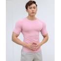 New sports short-sleeved men's summer solid color stripe fitness training casual high stretch fit T-shirt top 