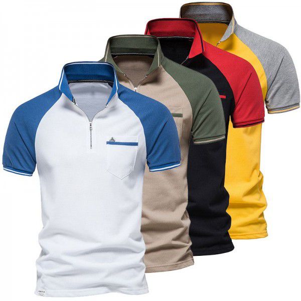 Men's Contrast Polo Shirt Youth Raglan Sports Casual Zip Polo Collar 