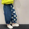 Children's wear Children's pants Spring wear New Korean polka dot jeans Fashionable baby color contrast casual pants 