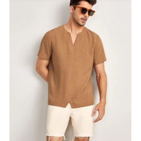 Summer new men's three-quarter sleeve V-neck loose cotton linen short-sleeved T-shirt 