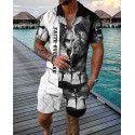 Fashion button polo shirt set Men's casual 3D printed polo shirt shorts 