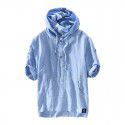 Summer Men's Cotton Linen Stripe Short Sleeve Casual Loose Fit Men's Hooded T-shirt Men's Linen 