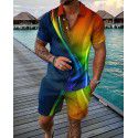 Fashion button polo shirt set Men's casual 3D printed polo shirt shorts 