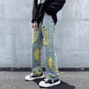 Harajuku style embroidered torn jeans Men's fashion American high street pants Summer loose wide leg mop pants 